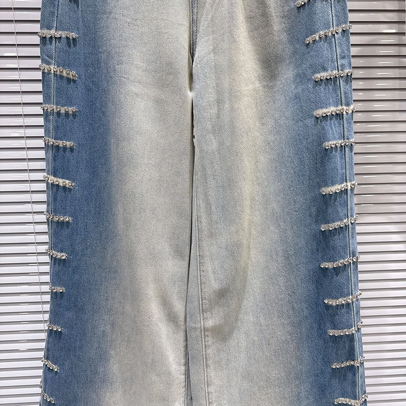 Spodnie damskie KBQ z efektem łączenia kolorów, zdobione diamentami, z wysokim stanem, o luźnym kroju, z gradientem, szerokie nogawki, styl jeansowy, modny styl damski.