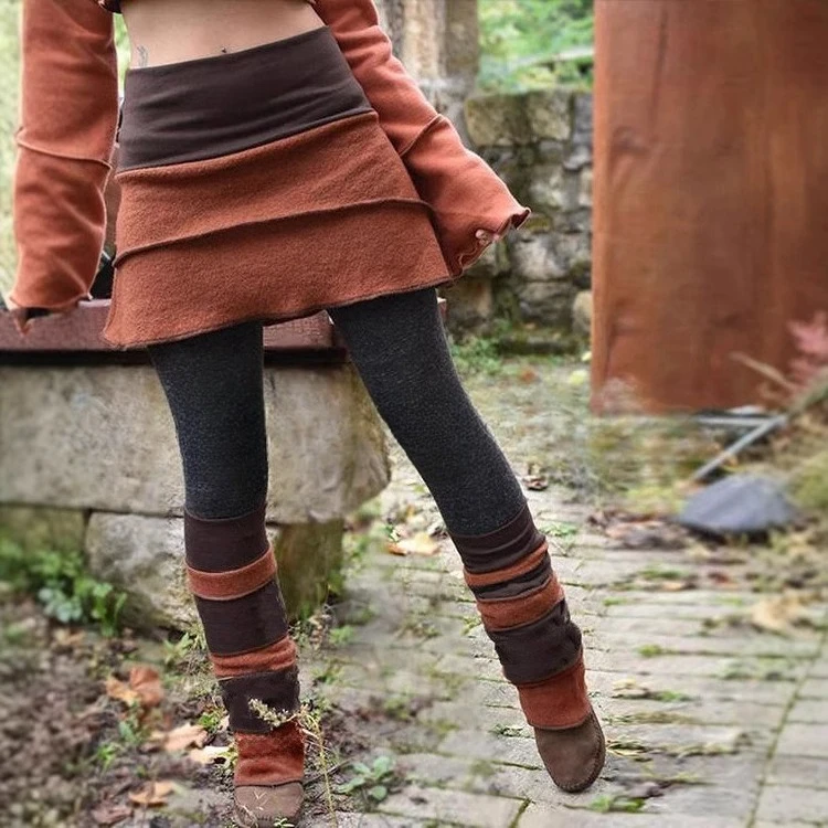 Womens Retro High-Waisted Pants Skirt, Boho Layered Color-Block Long Pants Skirt, Ethnic Style Tight-Fitting Skirted Leggings