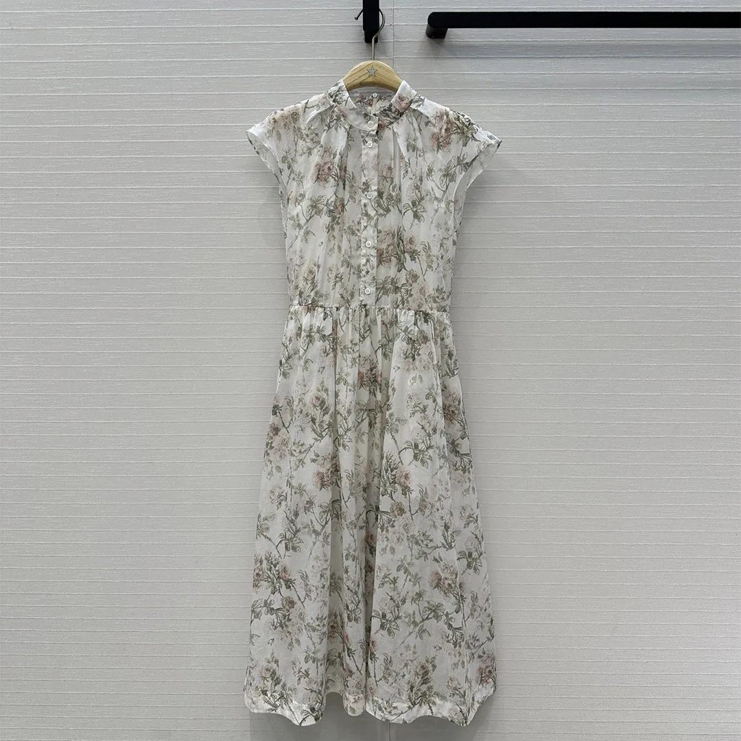 

Elegant Lady Fashion Floral Print Long Dress Women O-neck Single Breasted Fly Sleeve High Waist Cotton Beach Sweet Dresses