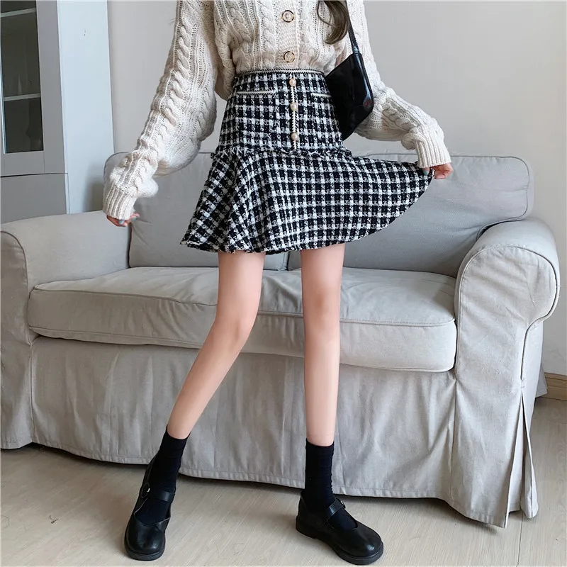 Grande taille L-4XL fille automne hiver taille haute Plaid queue de poisson jupe noir a-ligne à la mode polyvalent élégant coréen Mini jupes