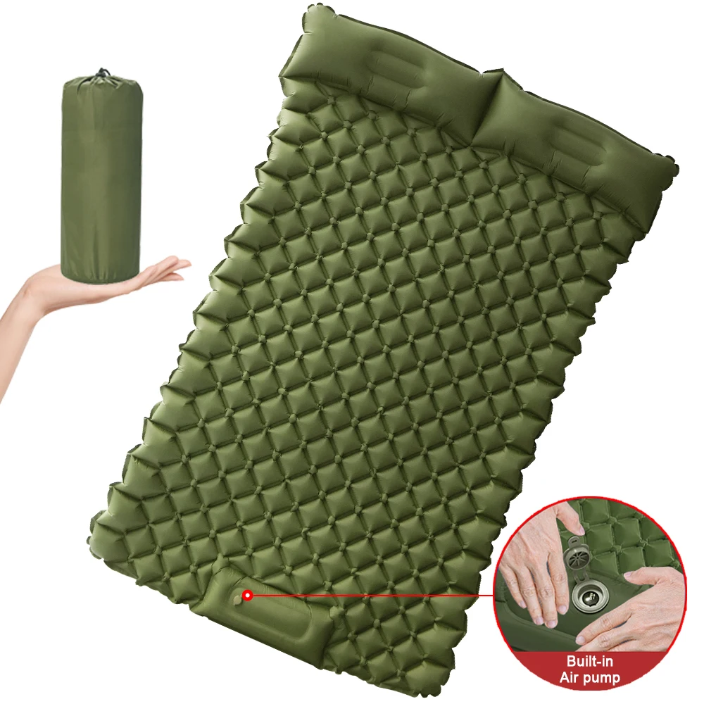 Portable Ultralight Self Inflating Camping Pad 2 Person With Pillow Camping Sleeping Pad Built-In Foot Pump For Camping Hiking