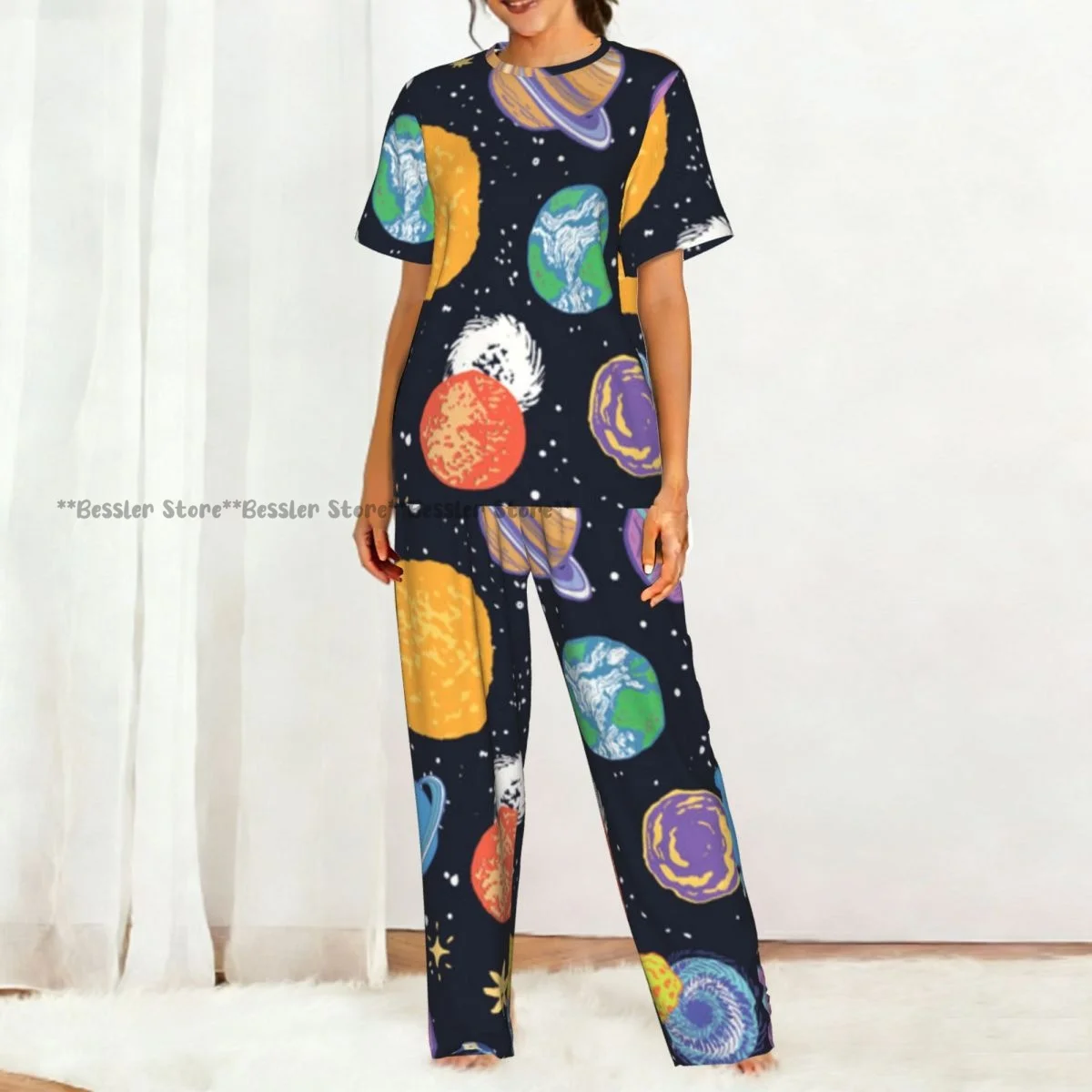 Women's Planets And Stars Illustration short sleeve trousers casual pajamas set 5