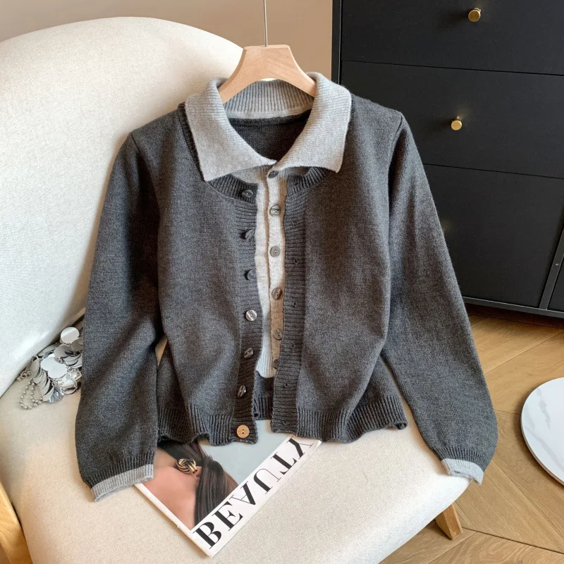 

Элегантный студенческий вязаный свитер, женский модный стиль, нестареющий универсальный открытый кардиган с длинным рукавом и воротником-поло, стиль для поездок на работу