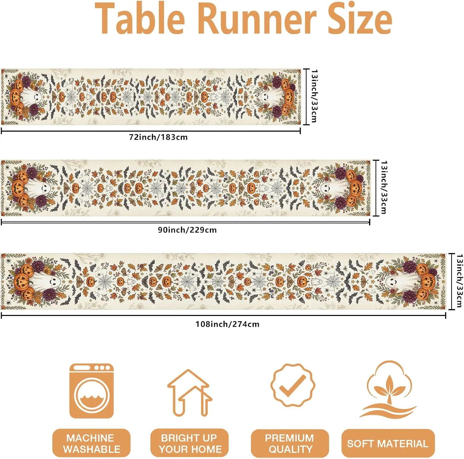 Halloween Ghost Pumpkins Bat Linen Table Runner Holiday Party Decor Reusable Kitchen Dining Table Runner Halloween Decorations