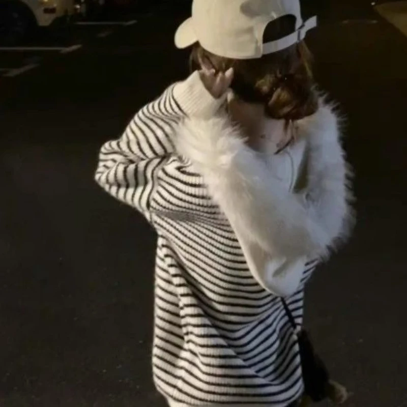 2000s Subculture Casual Hooded Cardigan Y2k American Vintage Striped Streetwear Hooded Sweatshirt Harajuku Sweet Fur Collar Coat