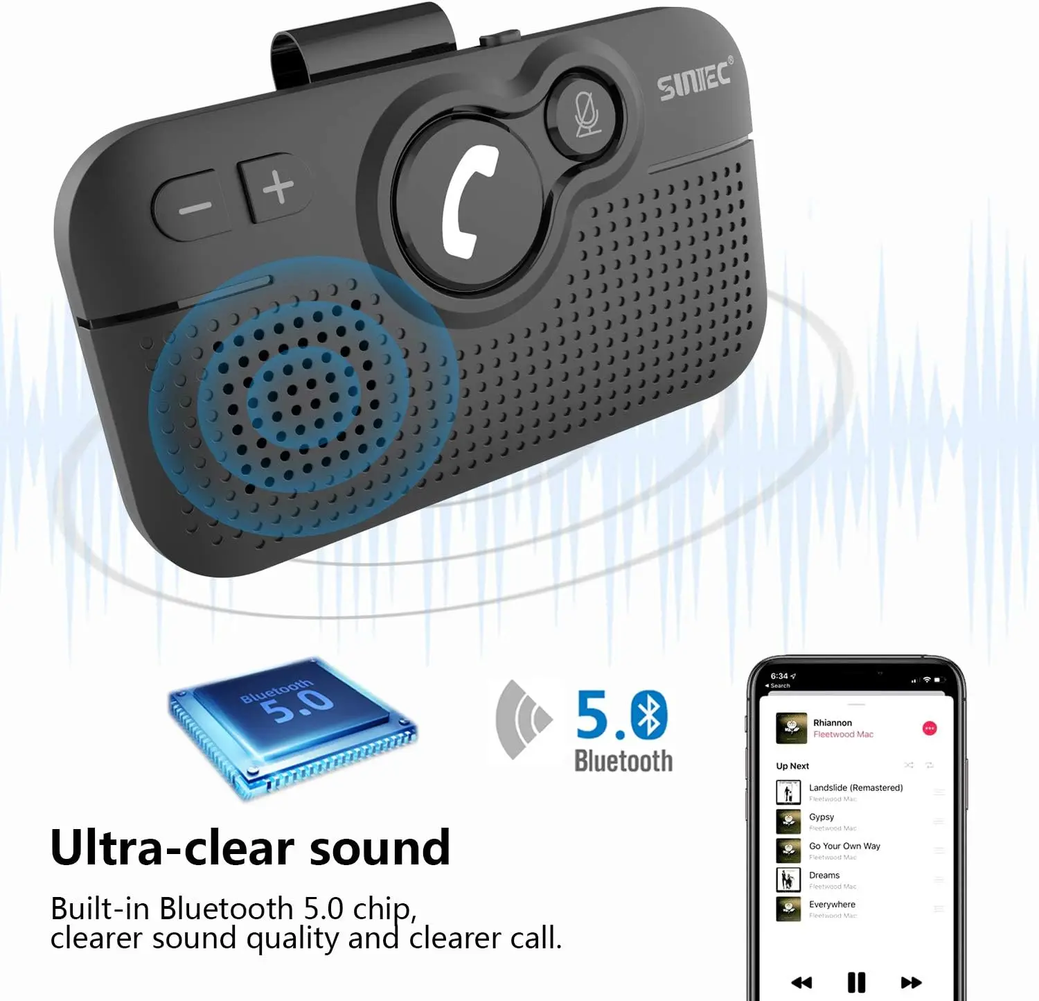 Haut-parleur Bluetooth sans fil pour voiture, kit mains libres pour téléphone portable