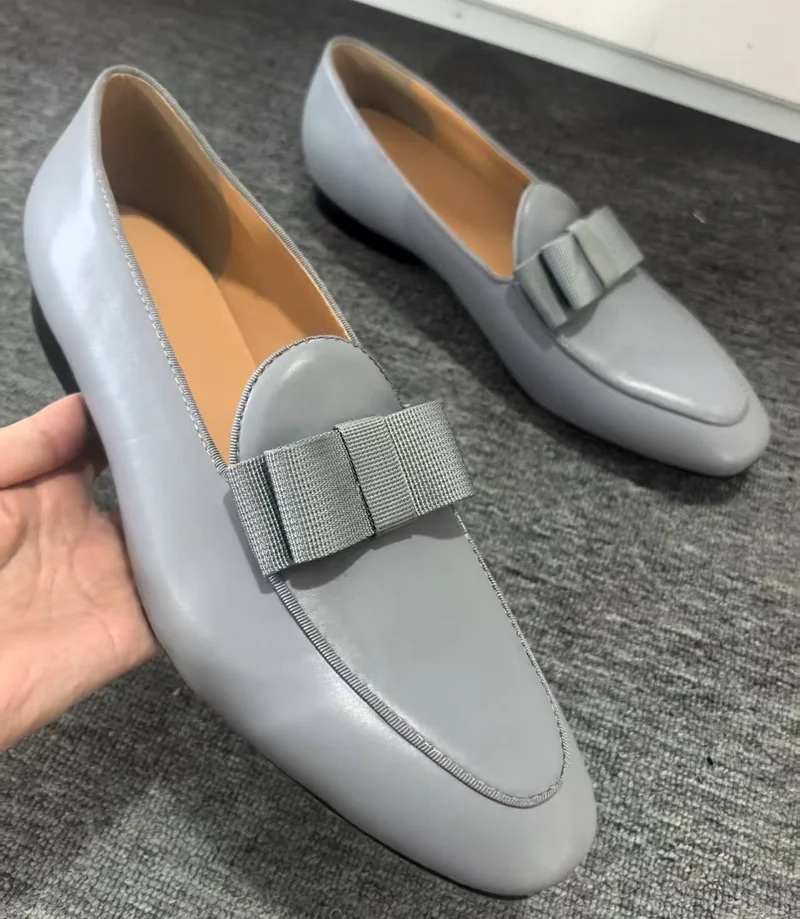 

New British Style Slip-on Leather Man Shoes With Bowtie Design Fashion Dress Loafers Men Party And Wedding Shoes