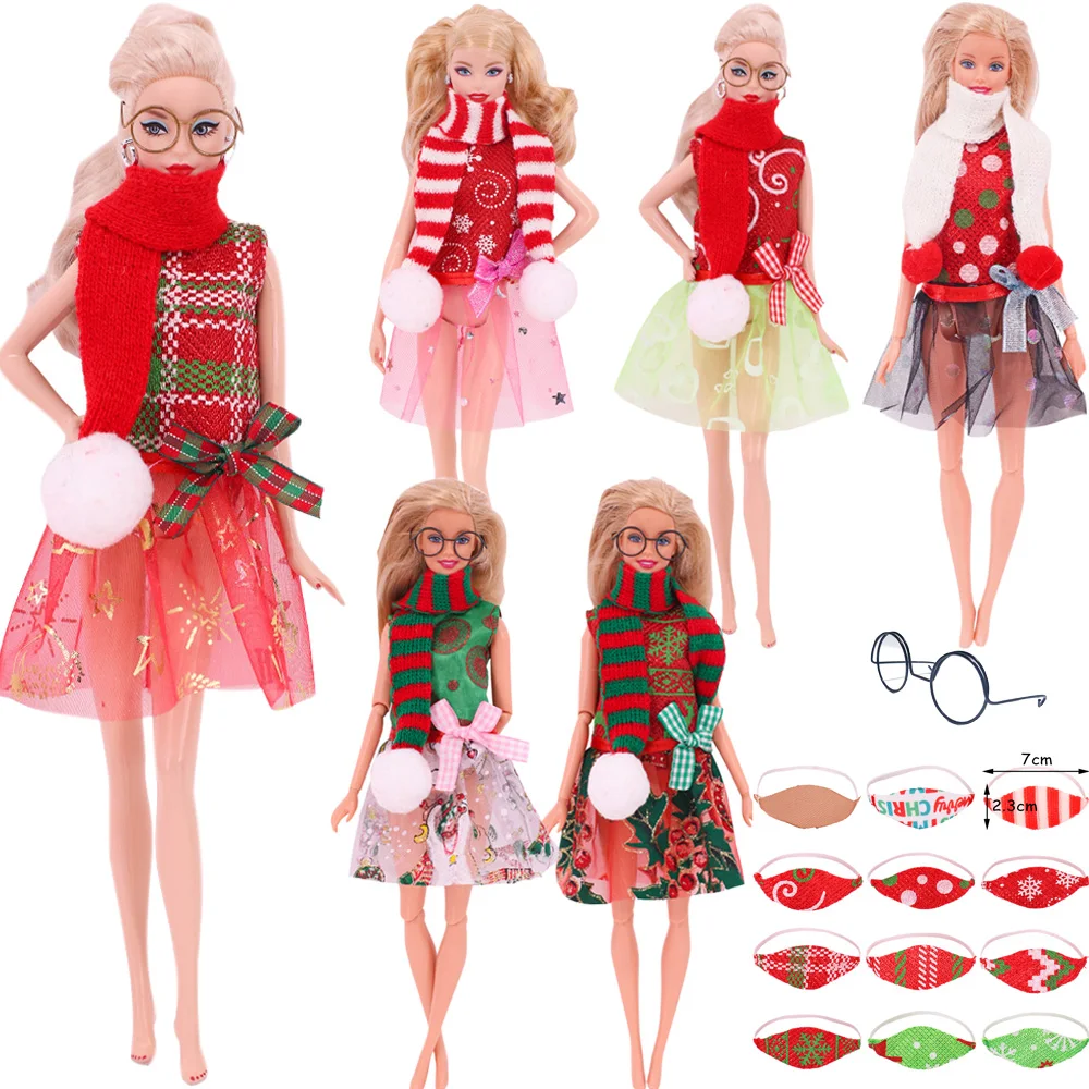 Doll Gauze Skirt Christmas Style Patterned Skirt Glasses Mask For 30CM&1/6 BJD Doll&Christmas Doll Clothes,Christmas Gifts Girl