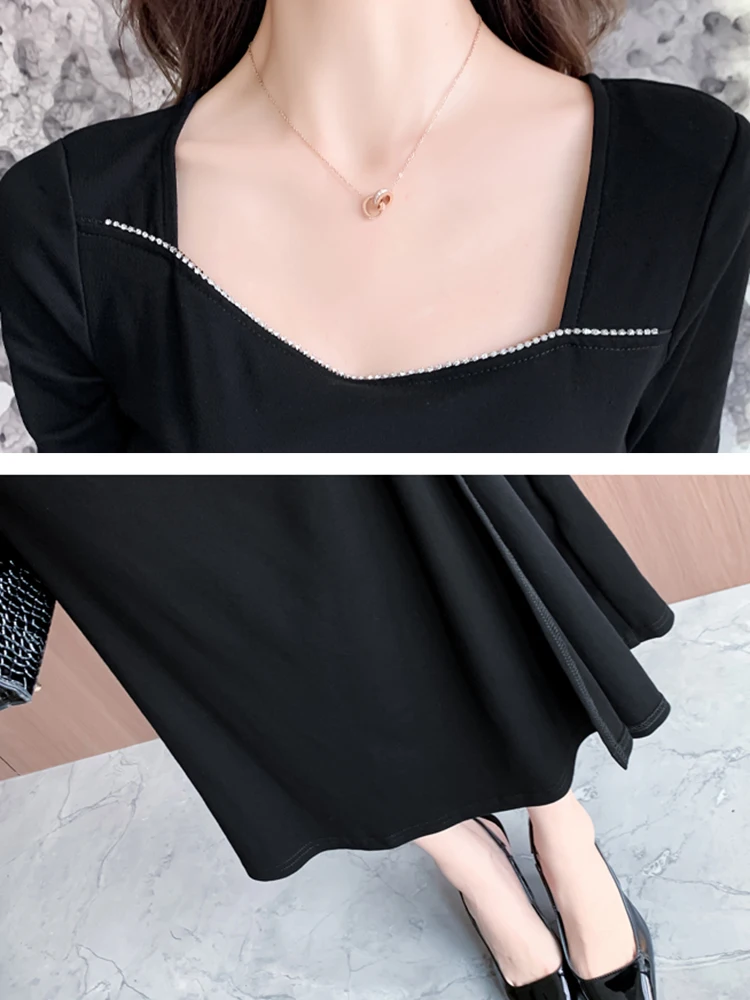 秋冬黒長袖スクエアカラードレス女性プリーツボディコンスリットセクシードレス2025韓国ヴィンテージヘップバーンプロムドレス