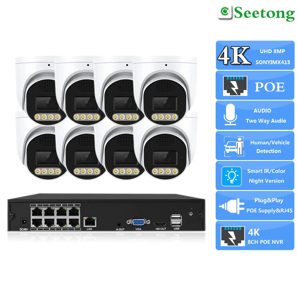 Sony415 4K 8MP Security IP Camera Dome PoE System 8CH 4K POE NVR Set Surveillance POE Kit Two Way Audio IR Color Night Vision