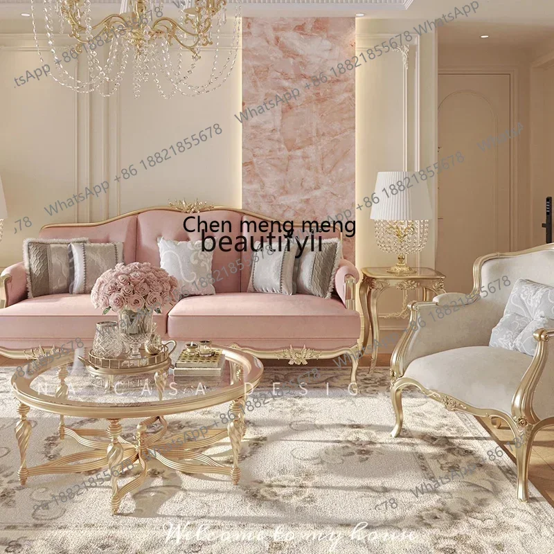 

D176 French light luxury living room solid wood sofa villa high-end carved combination furniture, fabric three-person sofa