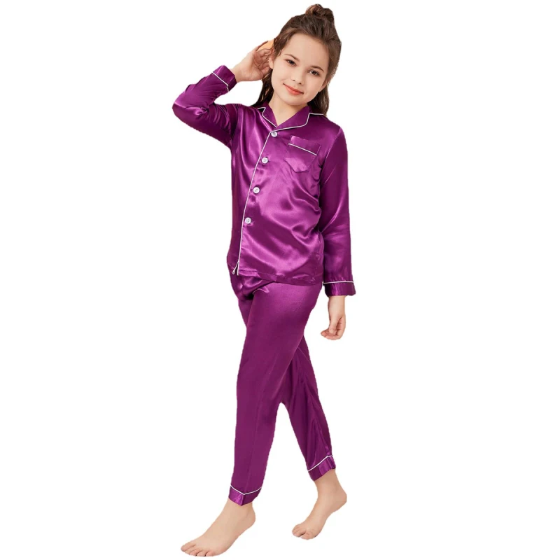 Retail Kids Children Pajamas Set Girls Boys Satin Silk Pajama Sets Girl Sleepwear Long Sleeve Top and Pants D70