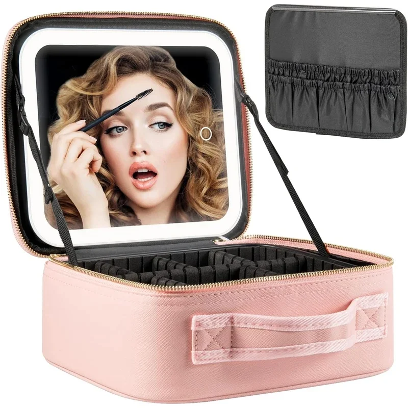 Makeup Bag with LED Mirror, Large Travel Cosmetic Train Case, 3 Color Lights, Adjustable Dividers, Christmas Stocking Stuffers