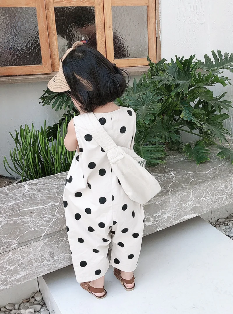 Summer Baby and Girls Cotton Dots Sleeveless Single-Breasted Bodysuits School Kids Lovely Jumpsuits Child Overalls Outfit 2-8Yrs