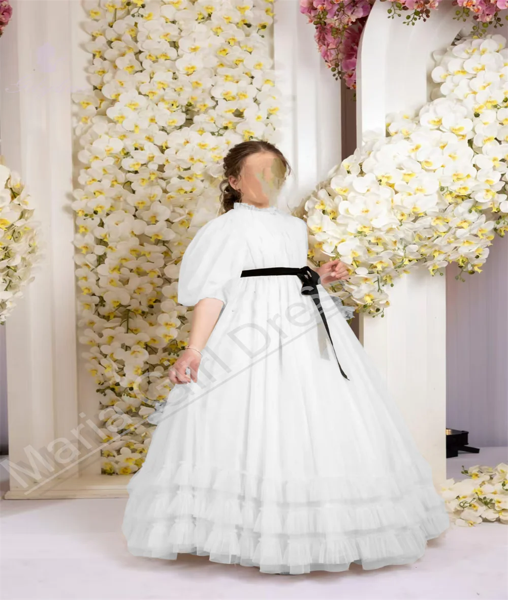 

Girl Bridesmaid Dress White High Neck Mesh Black Belt Kids Wedding Prom Show First Communion Beauty Pageant Birthday Dress