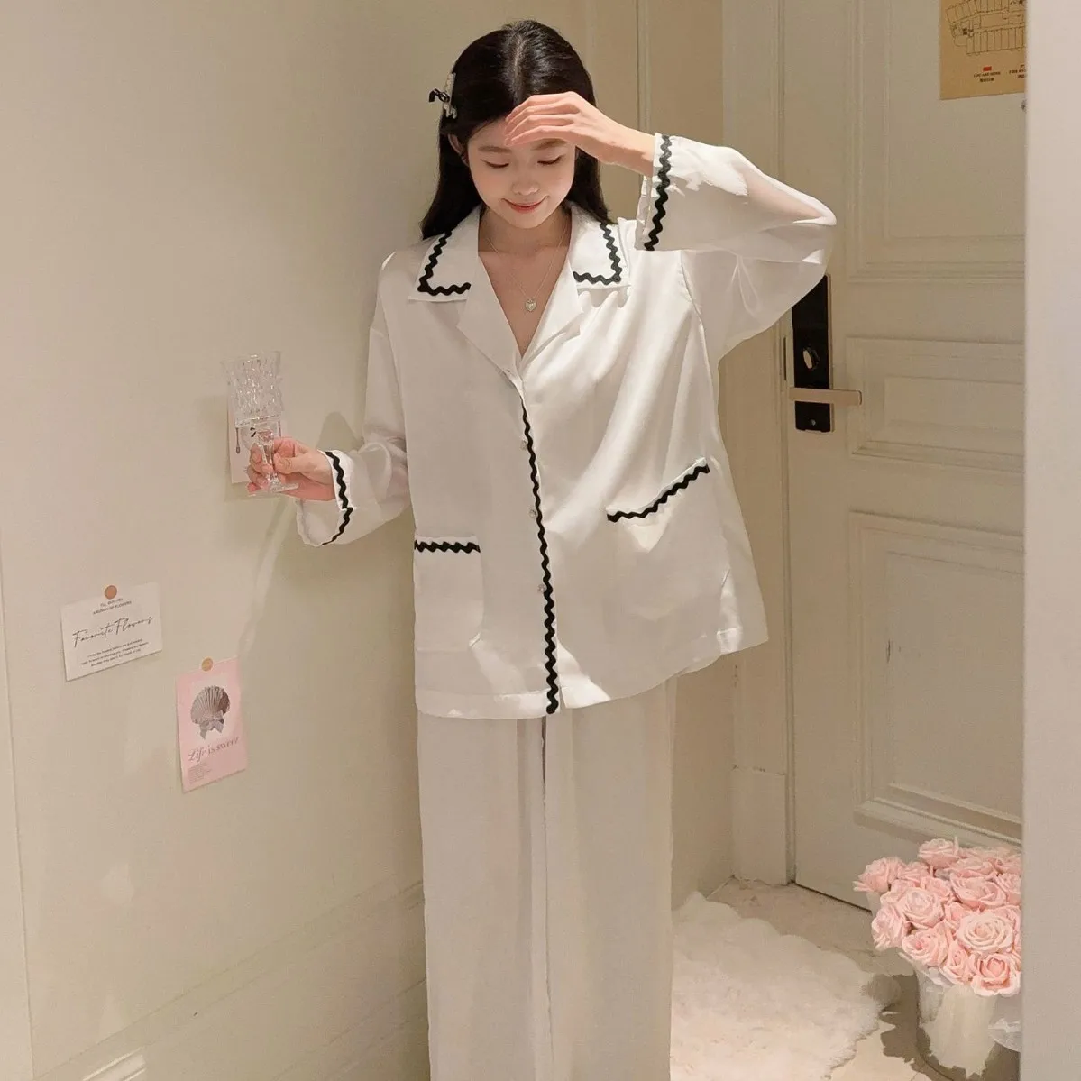 

Long Sleeve Shirt Pants Pijamas Suit Women Sleepwear Pajamas Set Trouser Spring Summer Silk Satin Home Clothes Lounge Wear