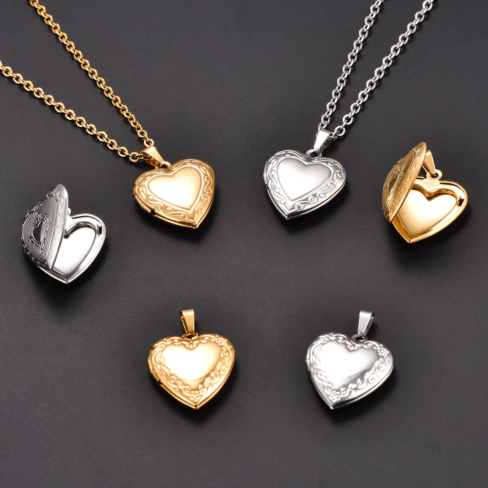 Delicado collar con colgante de medallón para fotos de corazón tallado de acero inoxidable para mujeres y hombres, marco de imagen de memoria, cadena con dije, joyería de Metal