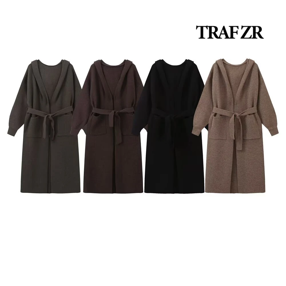 

TRAF ZR Elegant Chic Long Women's Cardigan Classic Hooded Knitwear Coats for Women Fashion Lantern Sleeve Coat with Tonal Belt