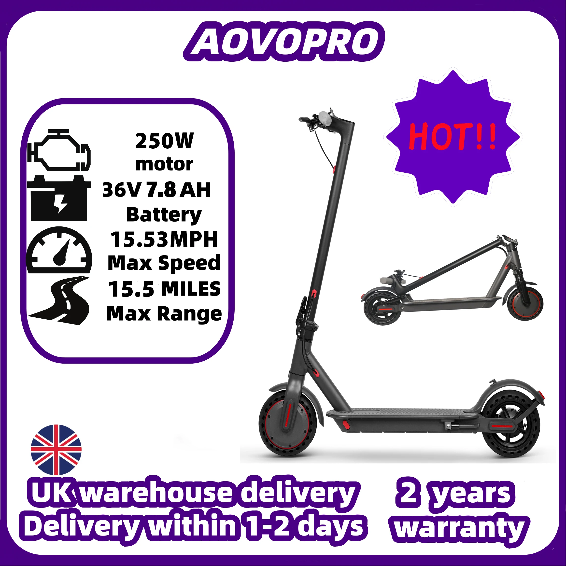 AOVOPRO Adult Electric Scooter 36V 7.8AH Battery 250W Powerful Motor Maximum Speed: 15.53mph miles App Control Supported 8.5-inch