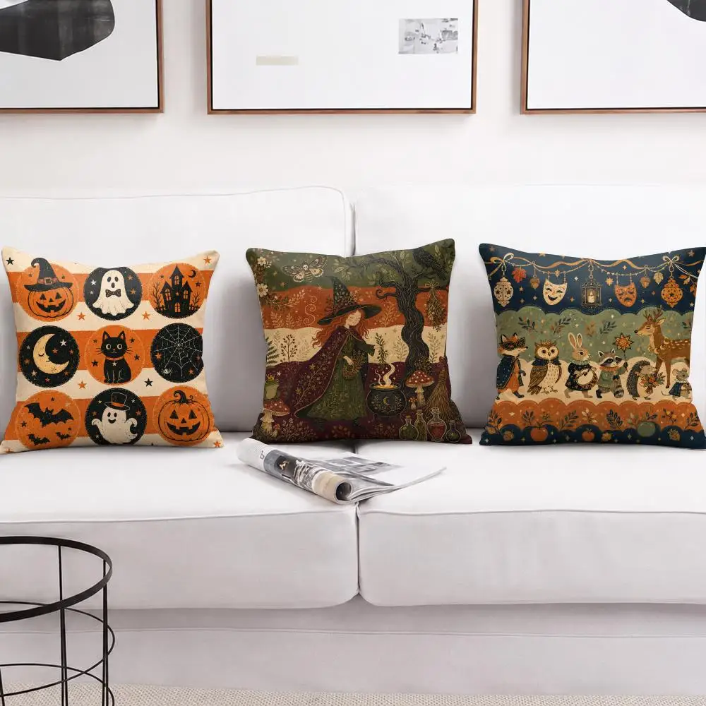 Retro Spooky Halloween Icons Cushion Cover Short Plush Soft Double-Sided Printing Pillow Case Cozy Sofa Bedroom Home Decor Gift