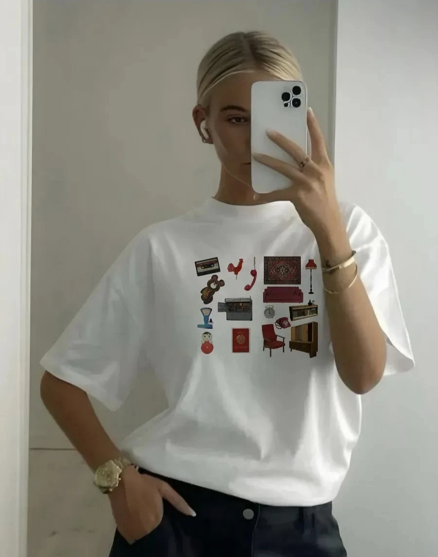 Fashionable Printed T-Shirt round Neck Short Sleeve Loose Fit Casual Top Women's Cotton Sweat Absorbent Comfortable Summer Tee