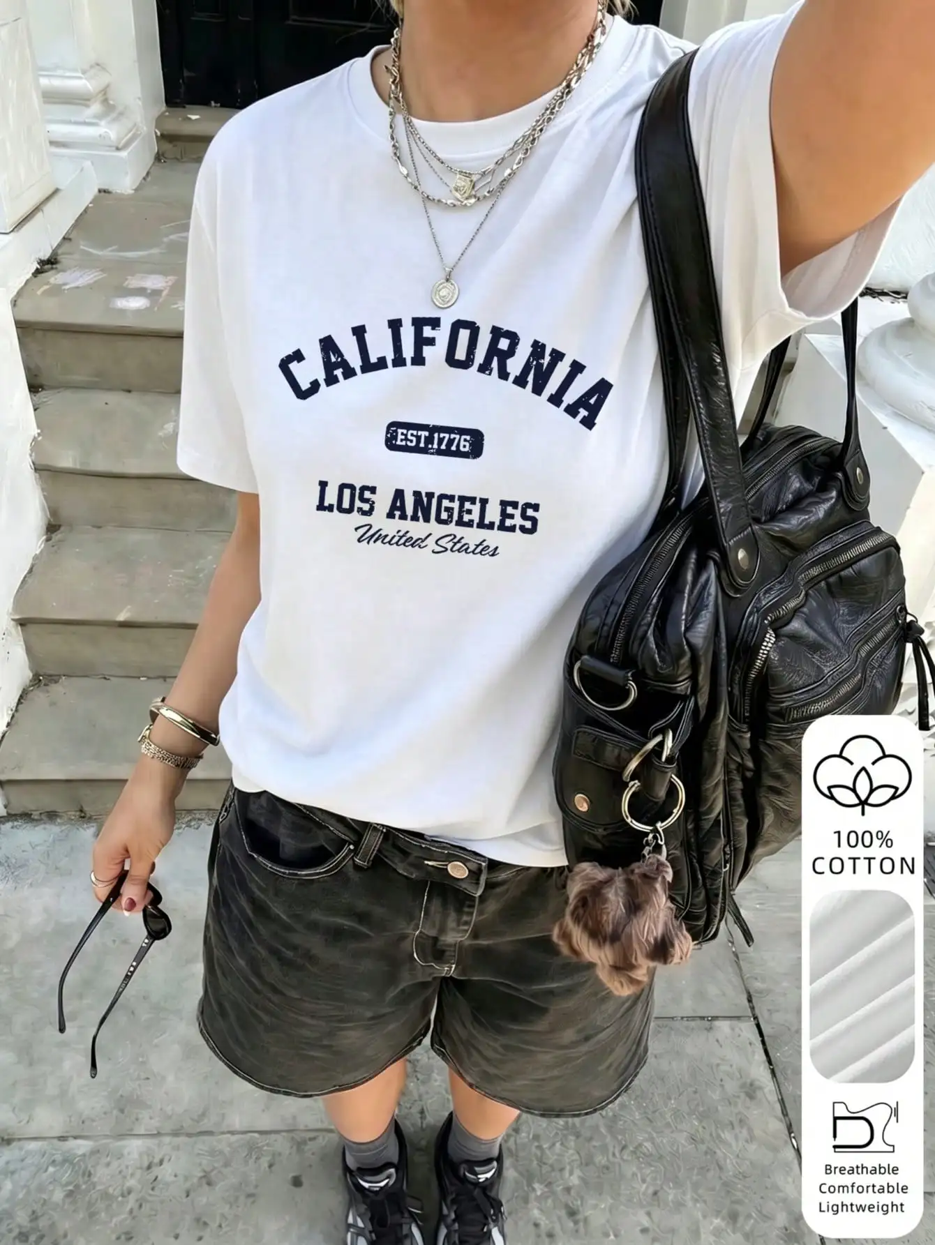 2026 Summer New Women's Los Angeles Letter Print Cotton Loose Short Sleeve T-Shirt, Casual Versatile Top