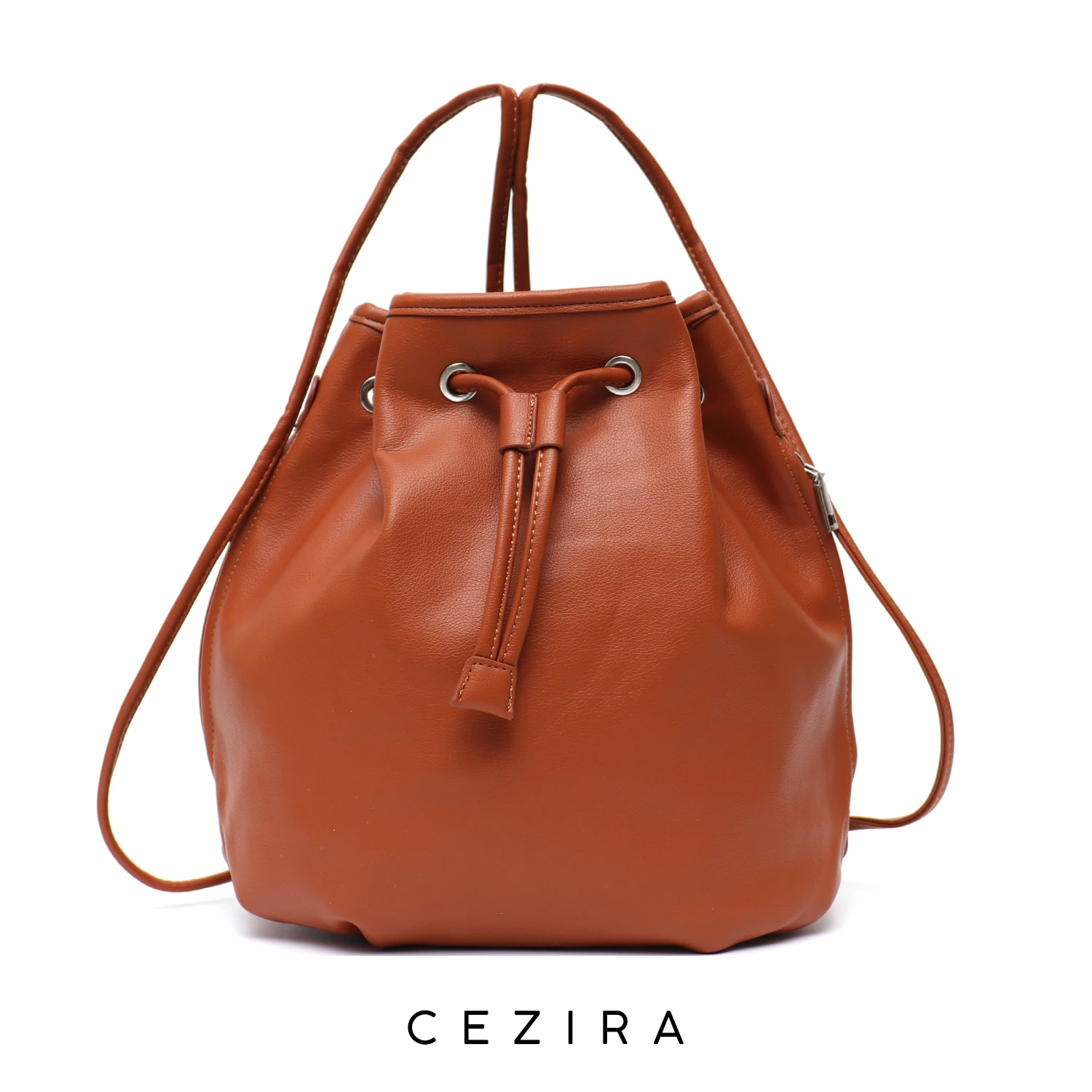 CEZIRA Fashion Style Women PU Vegan Leather Backpack Functional Drawstring Shoulder Bags Bucket Multi-Carry Ways Daily Knapsack