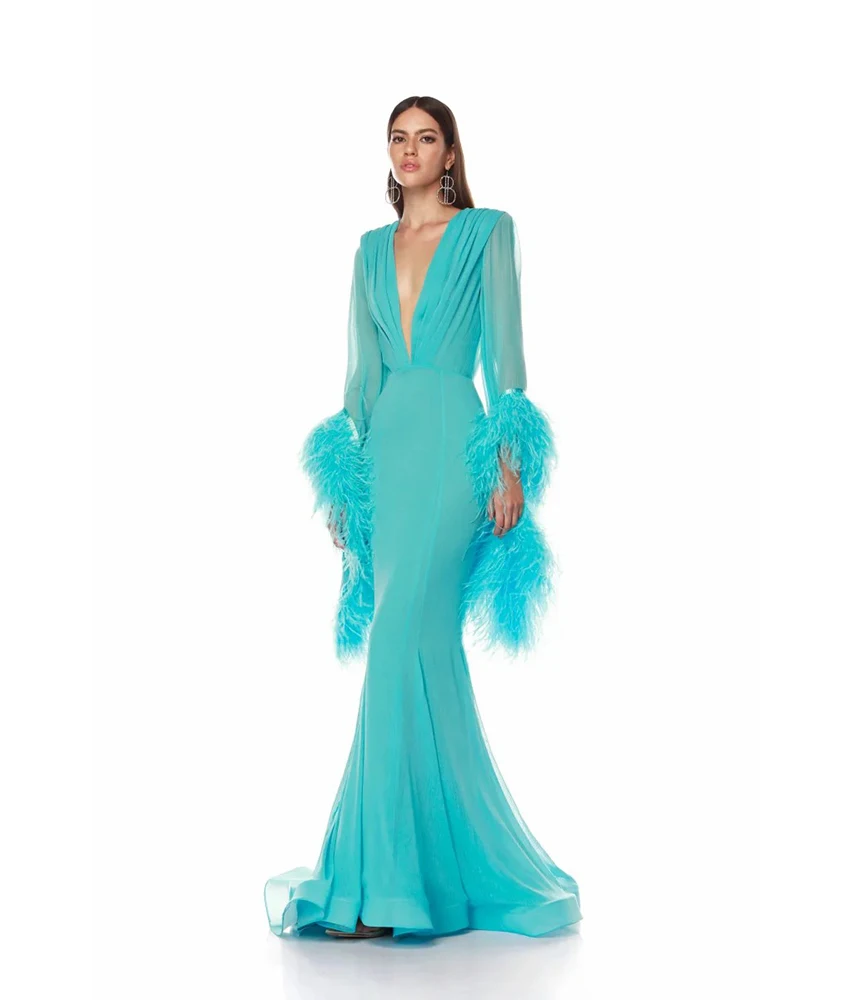

Lzhk Customized Sexy Tulle Mermaid Feathers Evening Dress Temperament V-Neck Long Sleeves Floor Length Bespoke Occasion Gowns