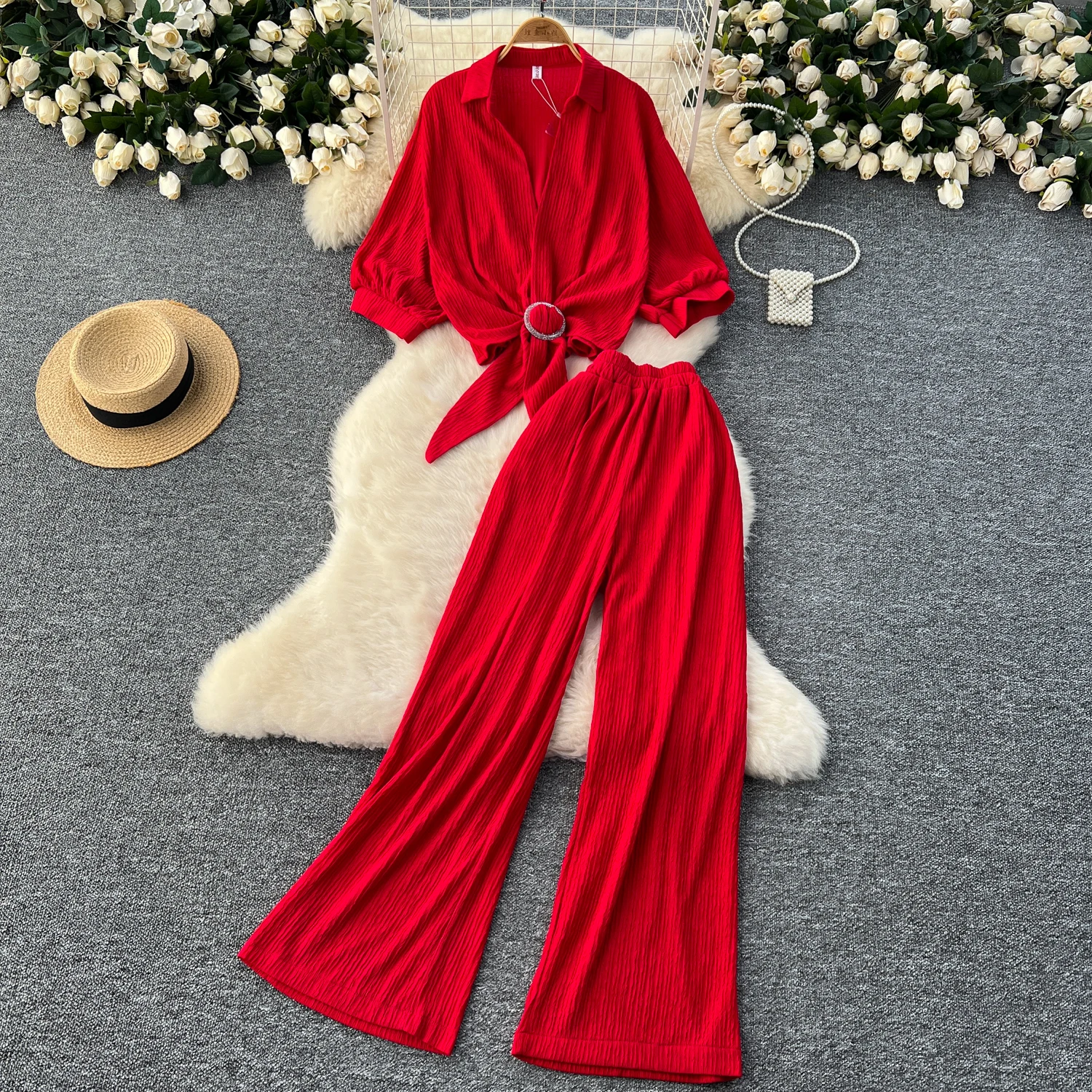 

Women Two Pieces Sets Chic lace-up v neck lantern sleeve and Fashion Hotsweet High Waist Wide Leg Pant Sets