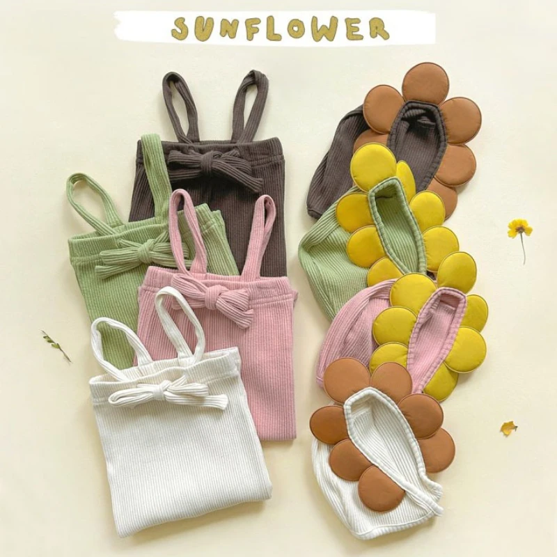 Sunflower Baby Set  Overall Leggings Ribbed Tights Toddler Adjustable Strap Suspender Pants and Bonnet Set