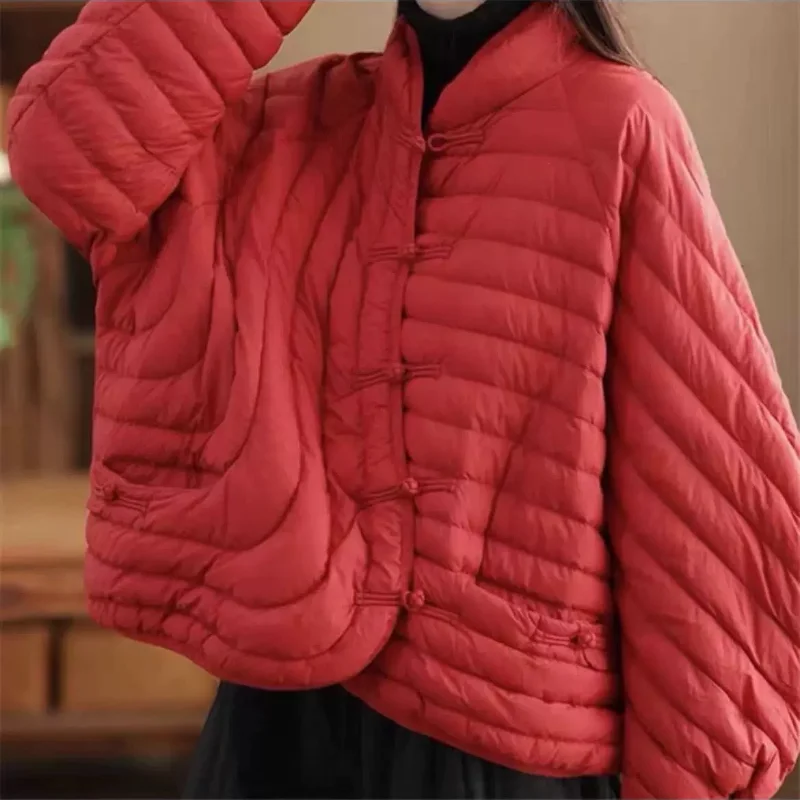 Women\'s Winter Down Jacket 2024 New Puffer Coats Retro Quilted Light Outerwears Chinese Style Standing Collar Winter Coat Female