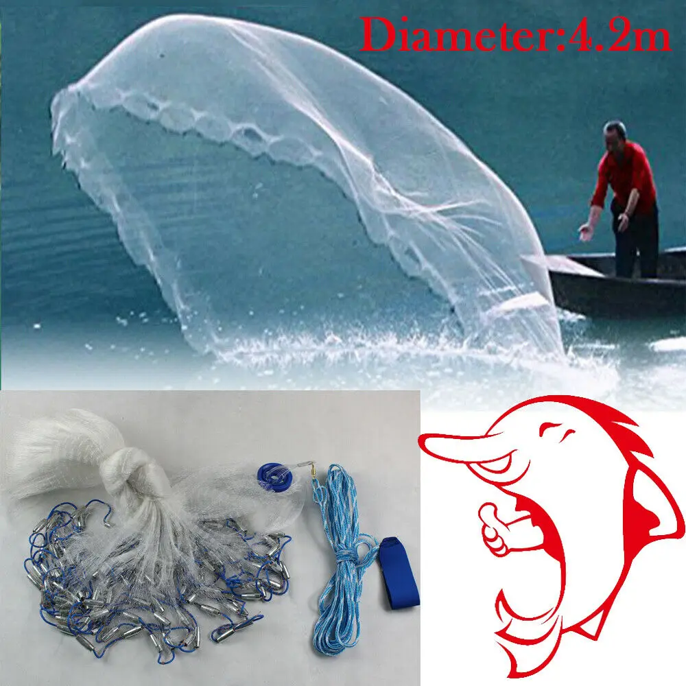 14ft Hand Cast Fishing Net Add diffuser Bait Dense Mesh Netting Hollow Sinker Durable 4.2M Full Spread Mesh