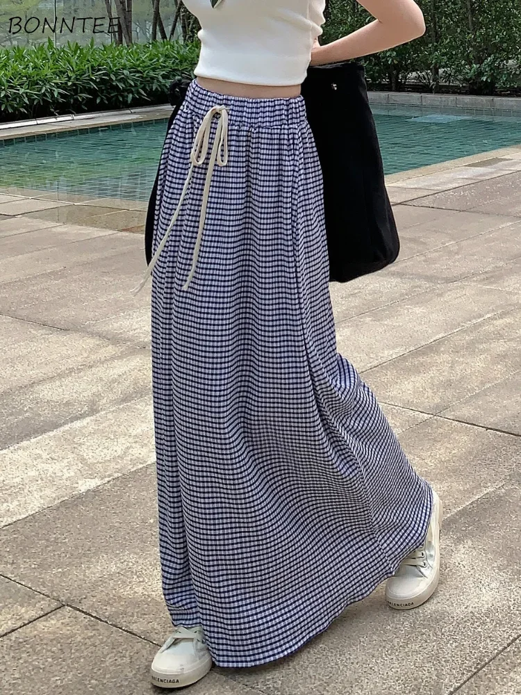 

Plaid Skirts Women Drawstring Vintage A-line Summer Korean Style Casual Simple All-match Ankle-length Temperament Ladies Classic