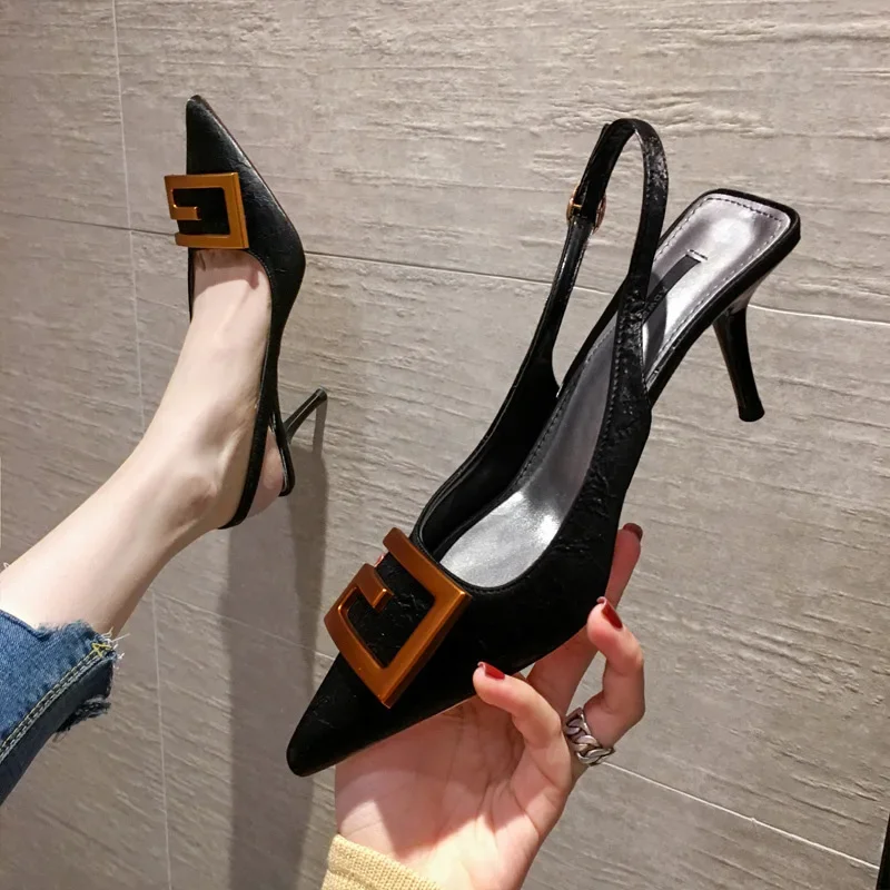 Metal Decoration Baotou Sandals Women Shoe French Pointy High Heels All-match Work Shoe Sexy Single Shoe High Heel Women Sandals