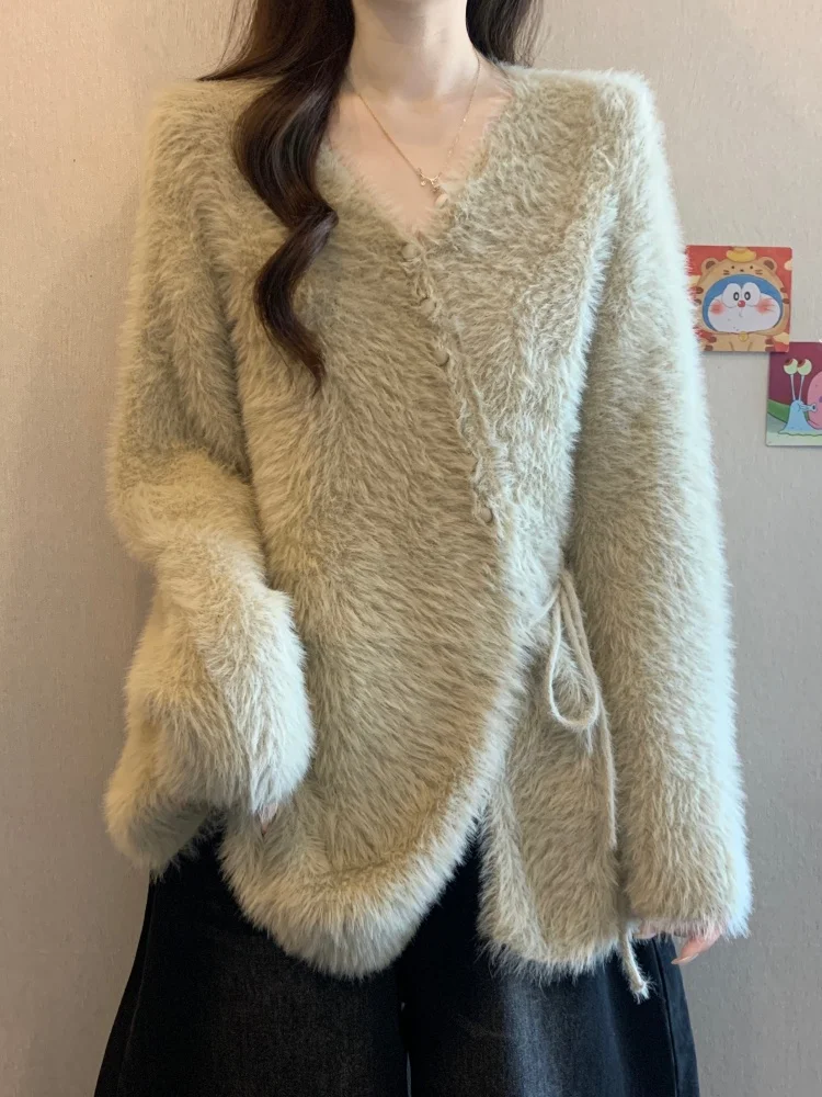 

Women's New Autumn Winter Soft V-Neck Full Sleeve Ccasual Pullover Sweater Ladies Single-Breasted Tie Up Mohair Knitted Top