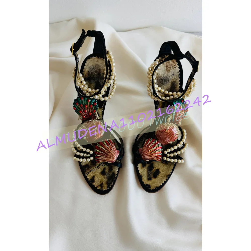 Women Black Slingback Flat Sandals Pointed Toe Shoes With Seashell Pearl Decoration Leopard Print Insole Summer Party Footwear