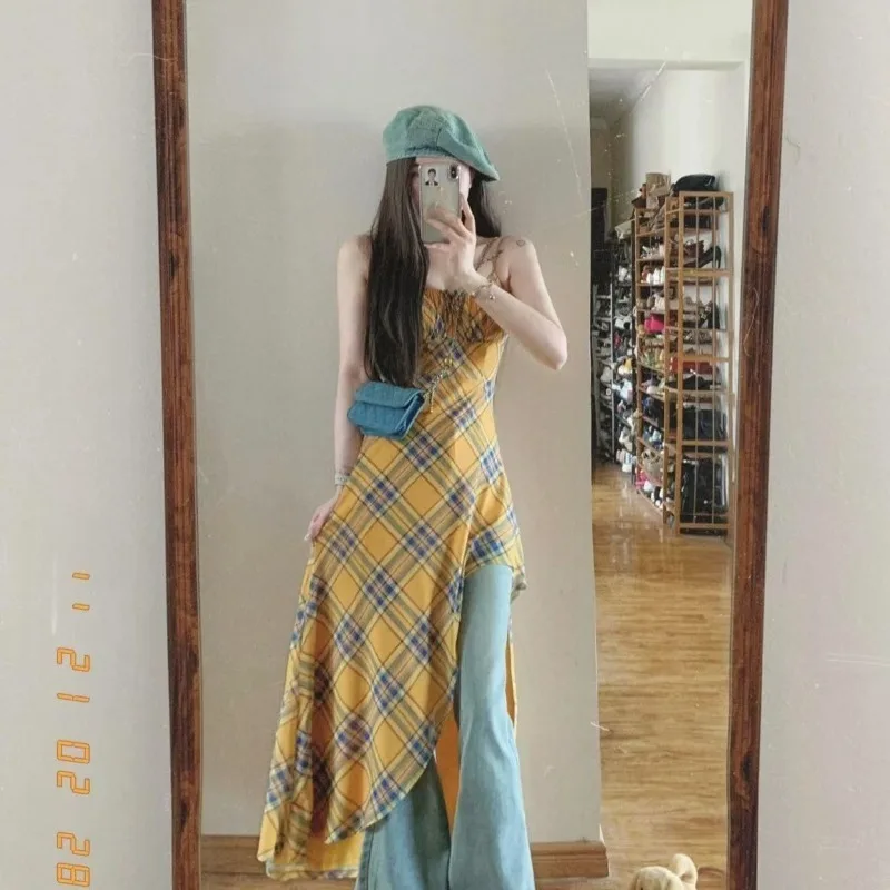 

2025 Women's Summer Fashion Spaghetti Strap Yellow Dress Lady Personality Asymmetrical Camisole Dresses New Streetwear Female