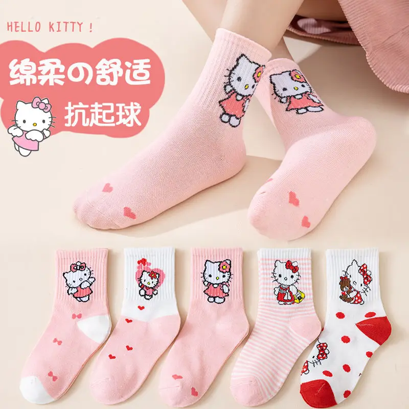 Meias de anime respirável suave para crianças, Hellokitty, Sanrio, Cinnamoroll, melodia, Kuromi, Girl Gift, primavera, outono, inverno, 5pcs