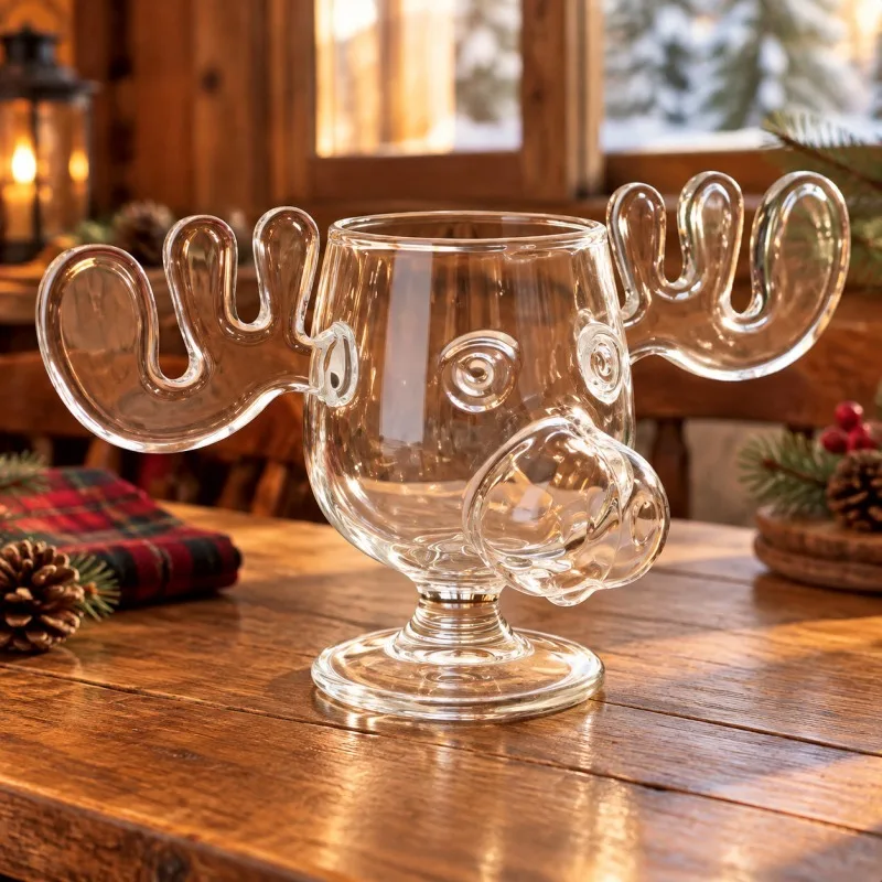 Creative Moose Glass Mug with Antler Handles, Novelty Animal Face Drinking Cup, Unique Home Bar Decor Gift