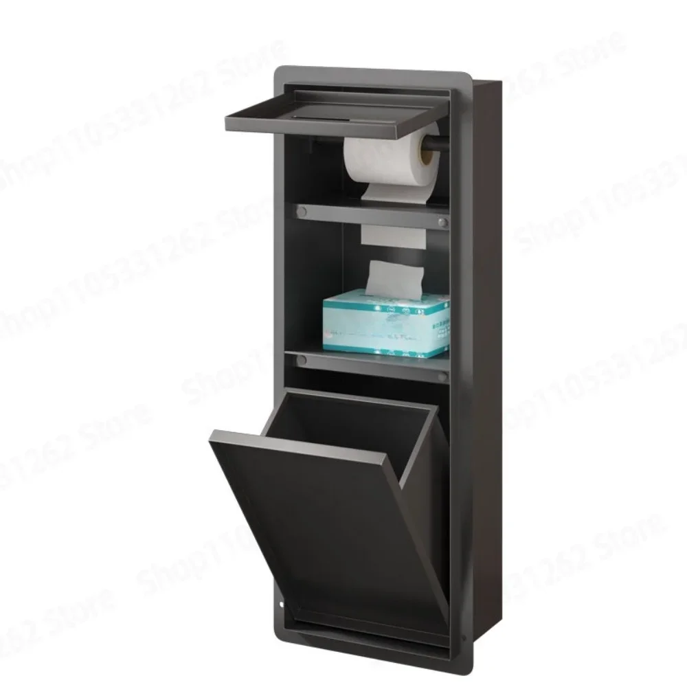 SUS304 Stainless Steel Recessed Bathroom Niche with Hidden Trash Can Tissue Box Toilet Brush Holder