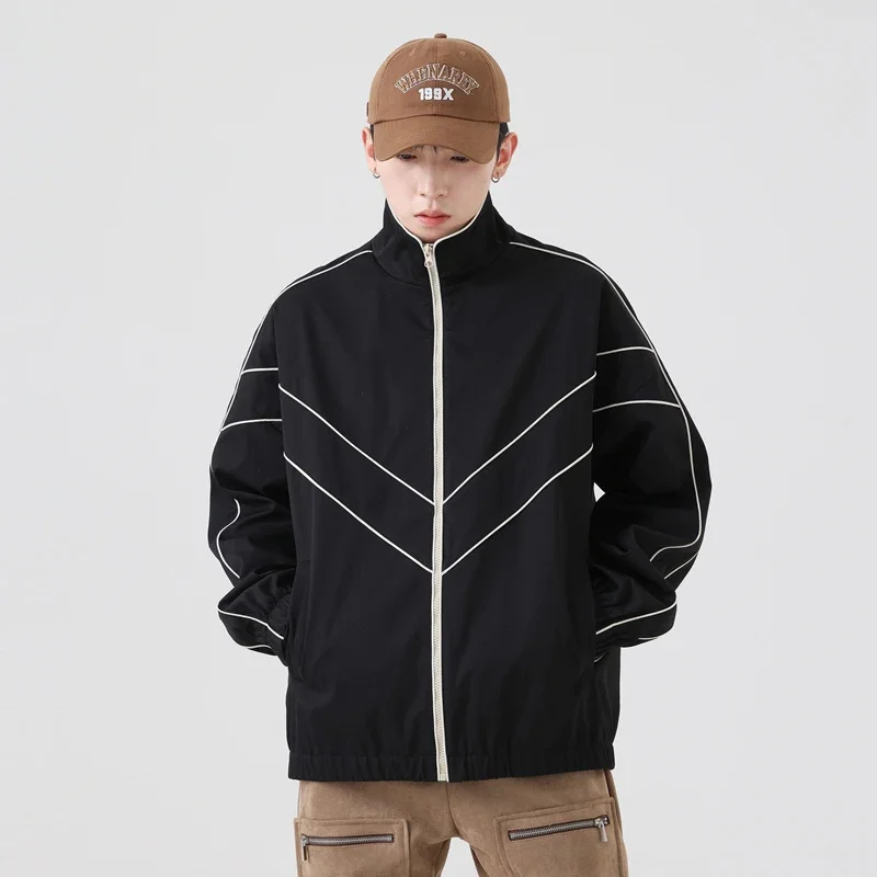 New Jacket Men'S Stand Collar Loose Clothes Casual Hip-Hop Street Stripes Zipper Top Risk Thin Section Sports