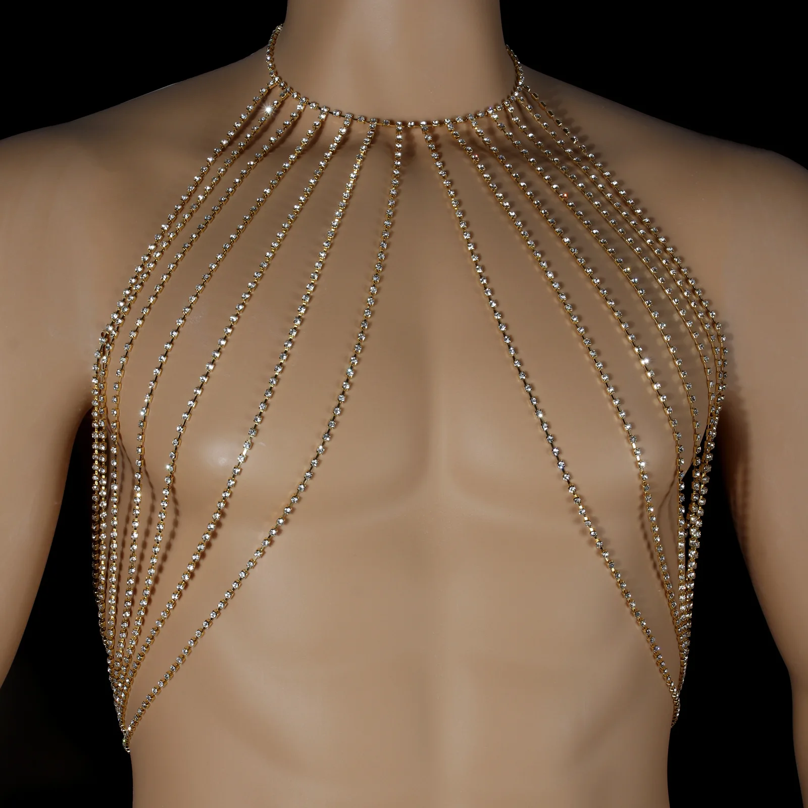 Radiant Gold Rhinestone Shoulder Cape Chain Full Coverage Body Harness Glamorous Stage Show Costume Jewelry Accent For Unisex