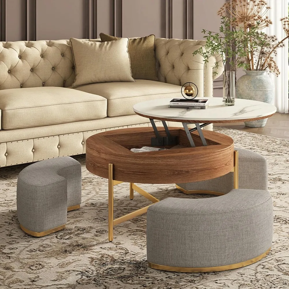 

32'' Elegant Round Lift-Top Marble Coffee Table Set with Hidden Storage & Soft Nesting Ottomans | Modern Farmhouse Living Room