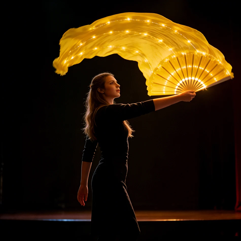 

Belly Dance LED Fans Chinese Imitatio Silk Veil Left and Right Hand 180cm Yellow Lights Veil Stage Performance Accessories Prop