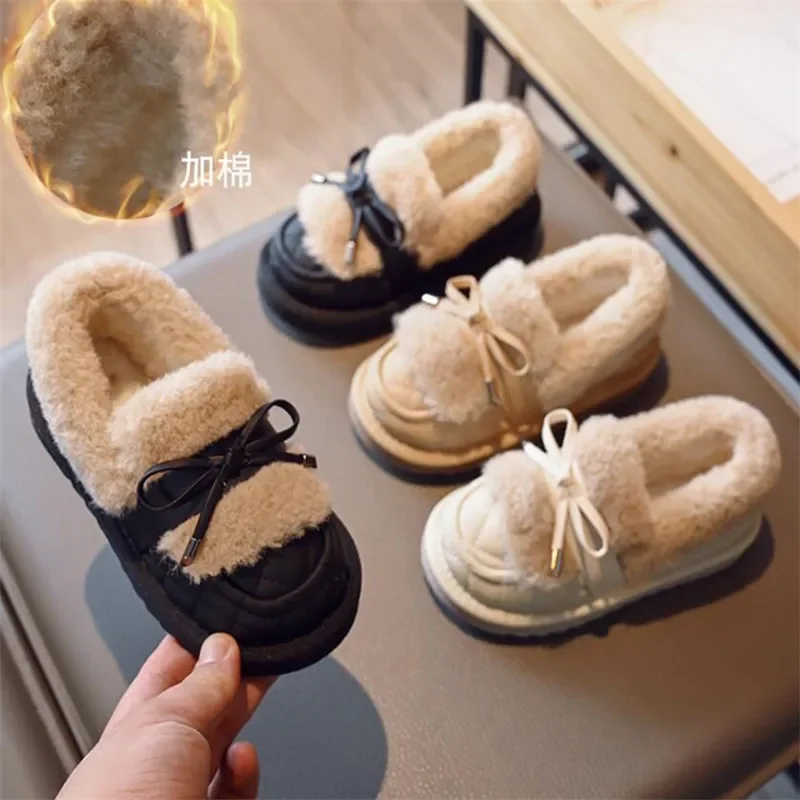 Winter new Girls' Plush Shoe Bow Corduroy Children's Casaul Thickened Ankle Boots Baby Kids Anti-slippery Turned-Over Edge Boots