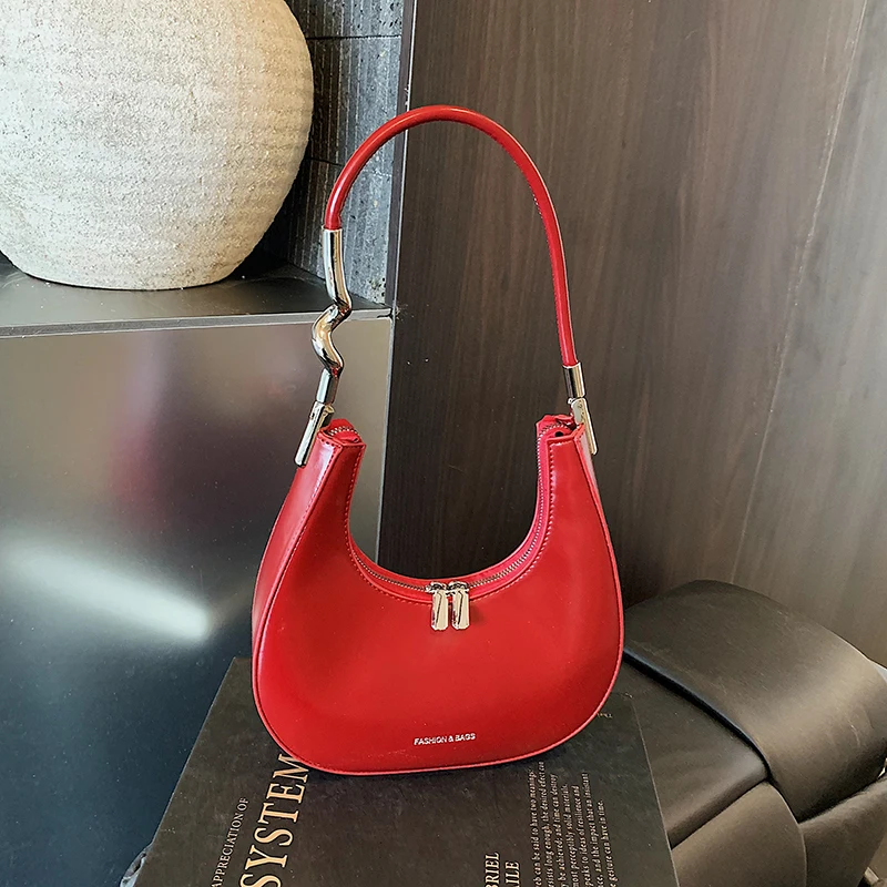 

PU Leather Women Luxury Designer Handbag Purses 2026 Fashion Vintage Wallet Zipper Half Moon Crescent Hobos Shoulder Bag Red