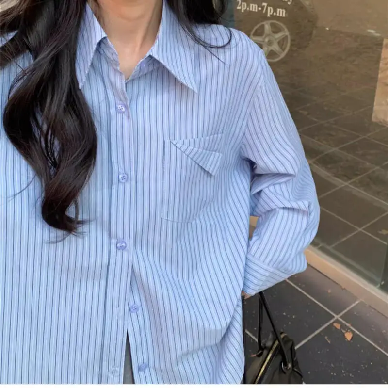 

Весенне-летняя женская повседневная блузка в синюю полоску 2026: новейшая модель во французском стиле, свободная хлопковая блузка с длинным рукавом, модная блузка-пальто