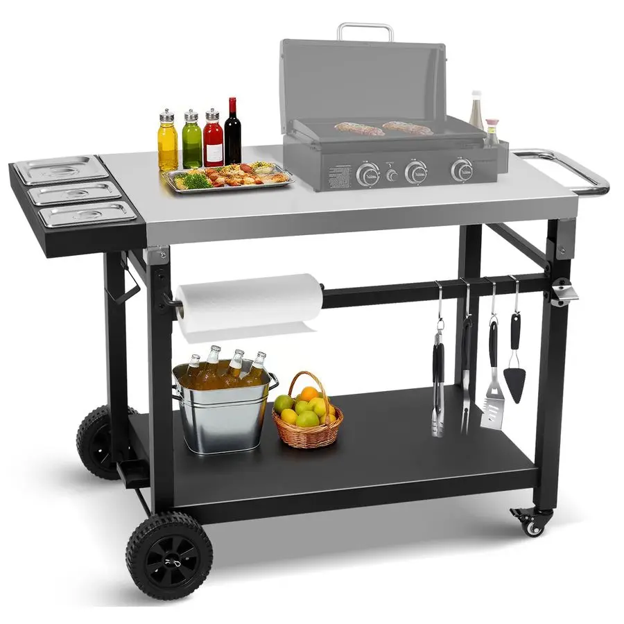 

Стальная тележка для гриля на открытом воздухе с 2 полками и колесами, стол для духовки для пиццы для Blackstone Ninja, подвижная кухонная станция для внутреннего усилителя на открытом воздухе