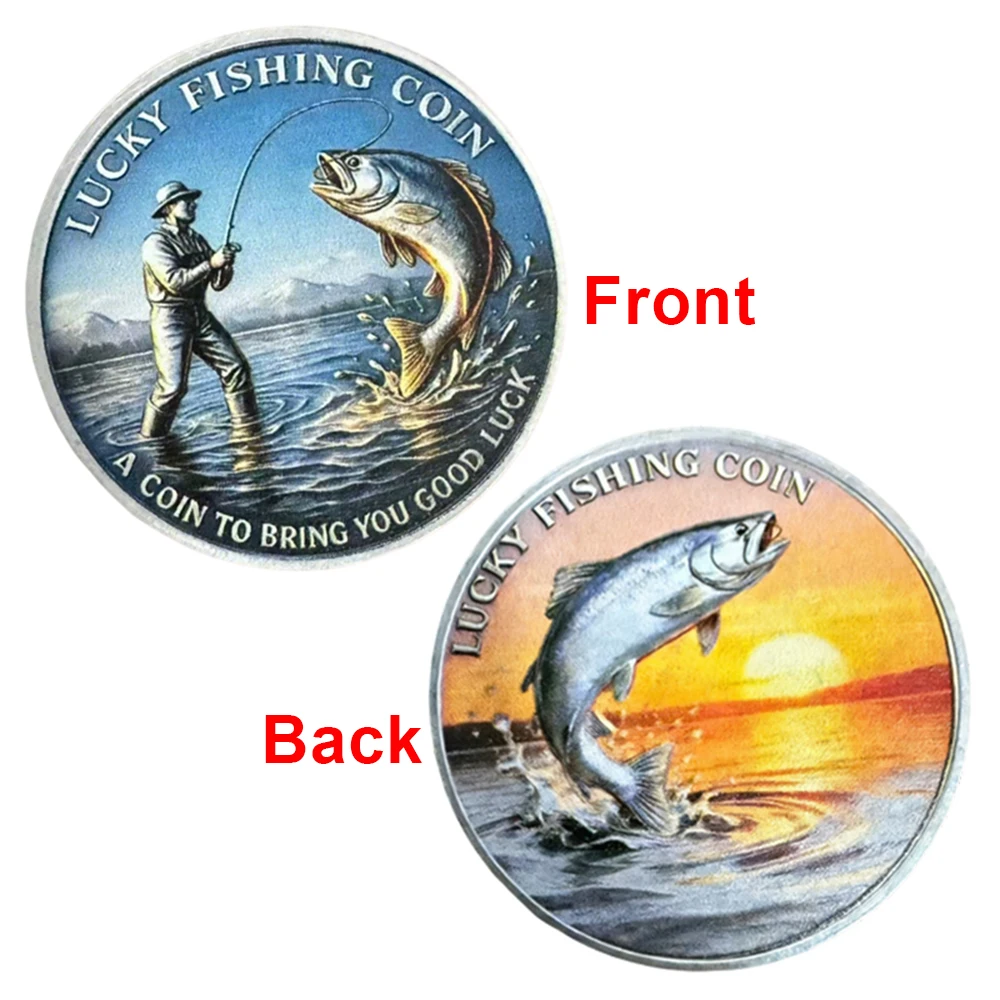1pc 2D Printed Lucky Fishing Commemorative Coin Fisherman Good Luck Souvenir Collectible Coin Gifts for Anglers Fishing