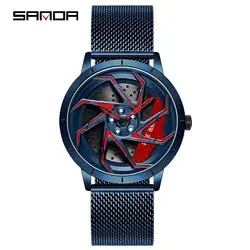 Sanda P1088 Hot Sell Stainless Steel Band Watch Premium Quartz Movement Car Rim Wheel Shaped Rotating Dial Relogio Masculino